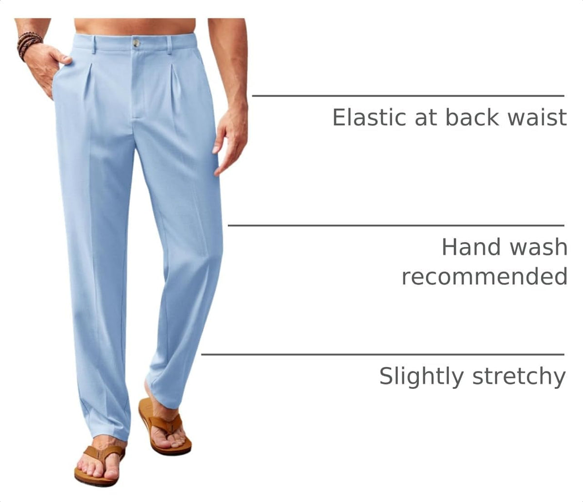 Runcati Mens Casual Pants Elastic Waist Lightweight Loose Pleated Slacks | Summer Beach, Yoga Trousers, Button Closure, Straight Leg, With Pockets, Solid Color