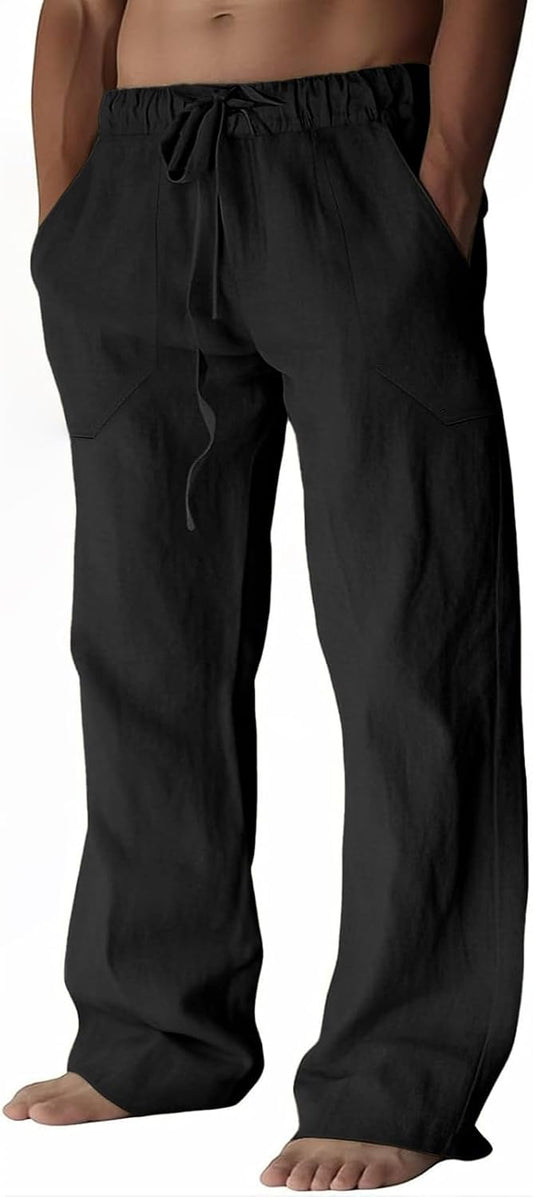 ZARLAN Breathable Men's Cotton Linen Pants Summer Beach Wide Leg | Casual Lightweight Loose Relaxed Fit Elastic Drawstring Waist Soft Cozy Trousers for Men
