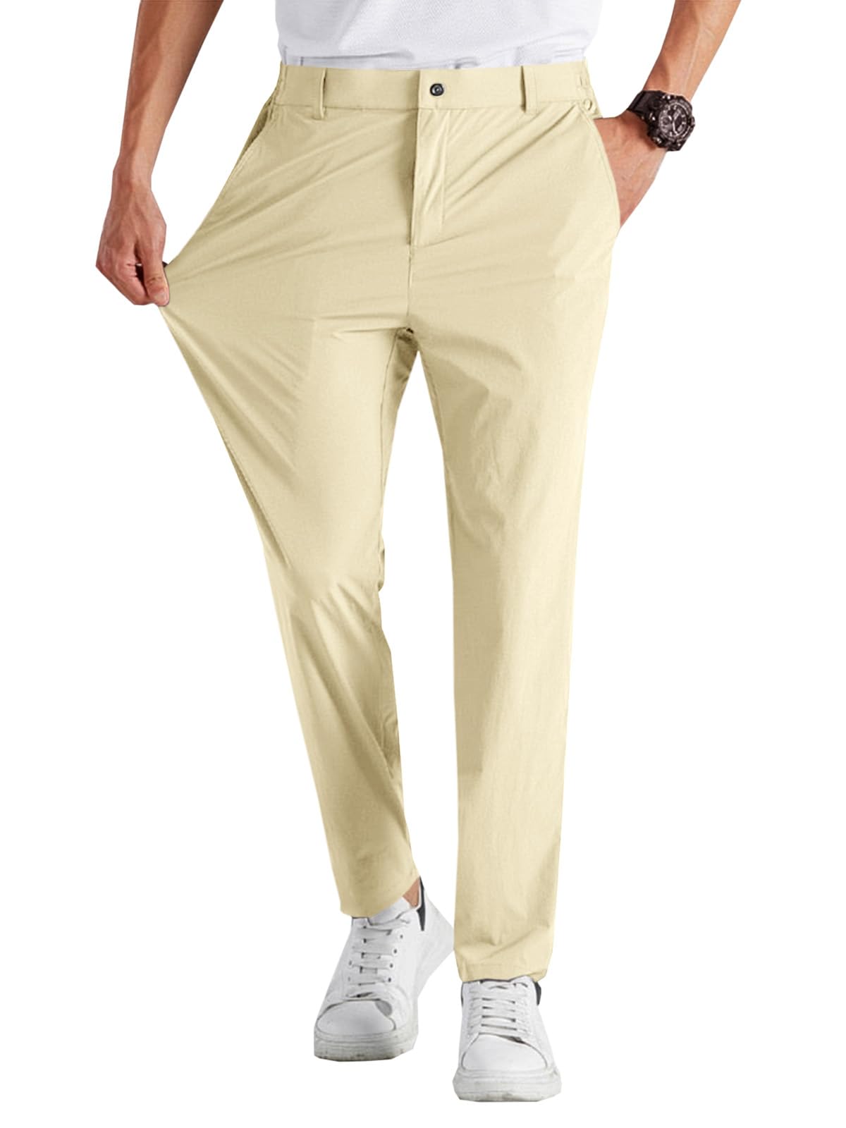 Runcati Mens Stretch Golf Pants Casual Dress Pants Work Trousers | Slim Fit, Quick Dry, Lightweight, Comfy, Slacks, Pockets, Elastic Waist, Tapered, Cropped, 30", 29", Chino
