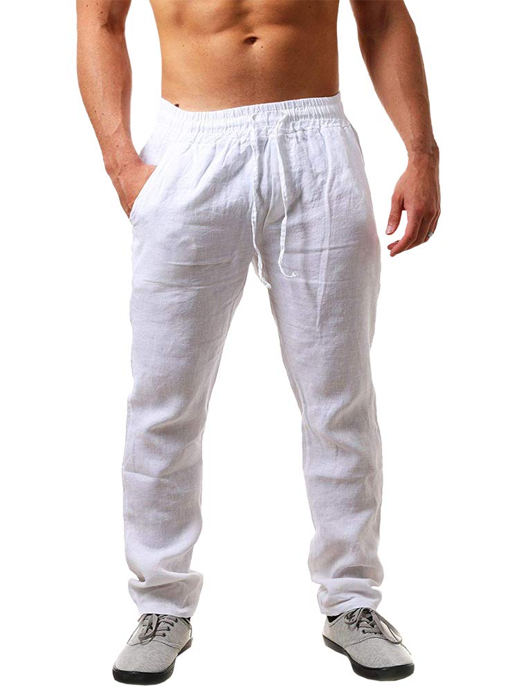 PASLTER Mens Cotton Linen Pants Casual Summer Beach Pants Dress Trousers | Loose Fit, Elastic Drawstring Waist, Lightweight, Straight-Legs, Slacks, Yoga, Work, Vacation, Quick Dry