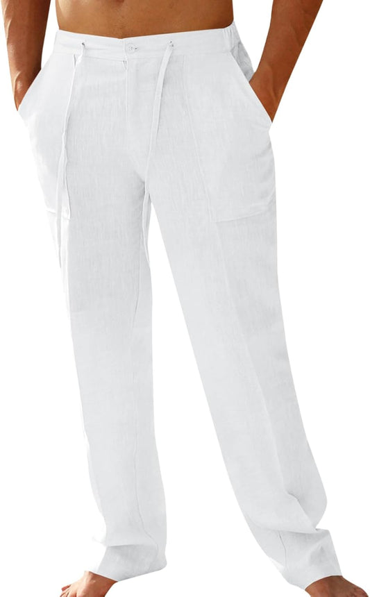 PASLTER Mens Cotton Linen Pants Casual Summer Beach Pants Dress Trousers | Loose Fit, Elastic Drawstring Waist, Lightweight, Straight-Legs, Slacks, Yoga, Work, Vacation, Quick Dry