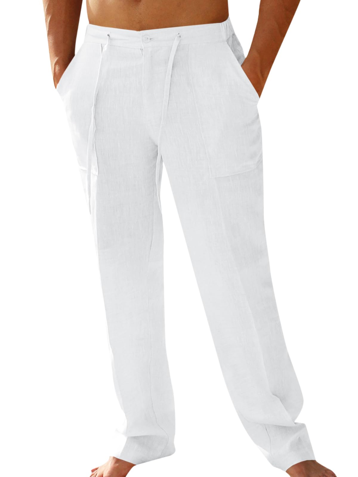 PASLTER Mens Cotton Linen Pants Casual Summer Beach Pants Dress Trousers | Loose Fit, Elastic Drawstring Waist, Lightweight, Straight-Legs, Slacks, Yoga, Work, Vacation, Quick Dry