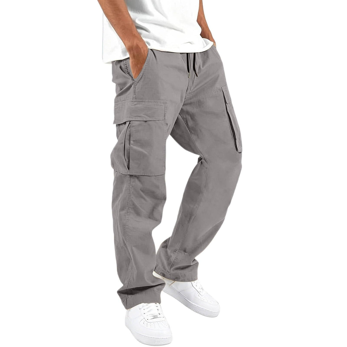 Mens Cargo Pants Casual Relaxed Fit Elastic Waist Hiking Cargo Work Pants | Drawstring Cargo Hiking Pants with Multi Pockets Straight Leg Athletic Pants for Outdoor Camping Fishing Workout Sweatpants
