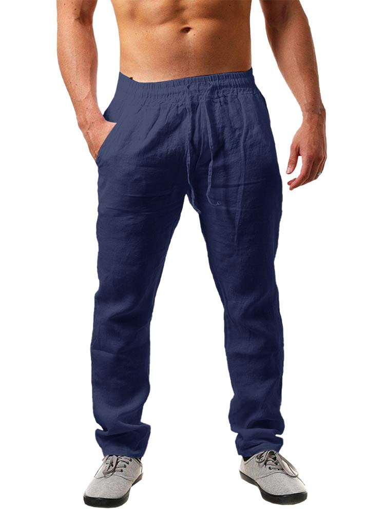 PASLTER Mens Cotton Linen Pants Casual Summer Beach Pants Dress Trousers | Loose Fit, Elastic Drawstring Waist, Lightweight, Straight-Legs, Slacks, Yoga, Work, Vacation, Quick Dry