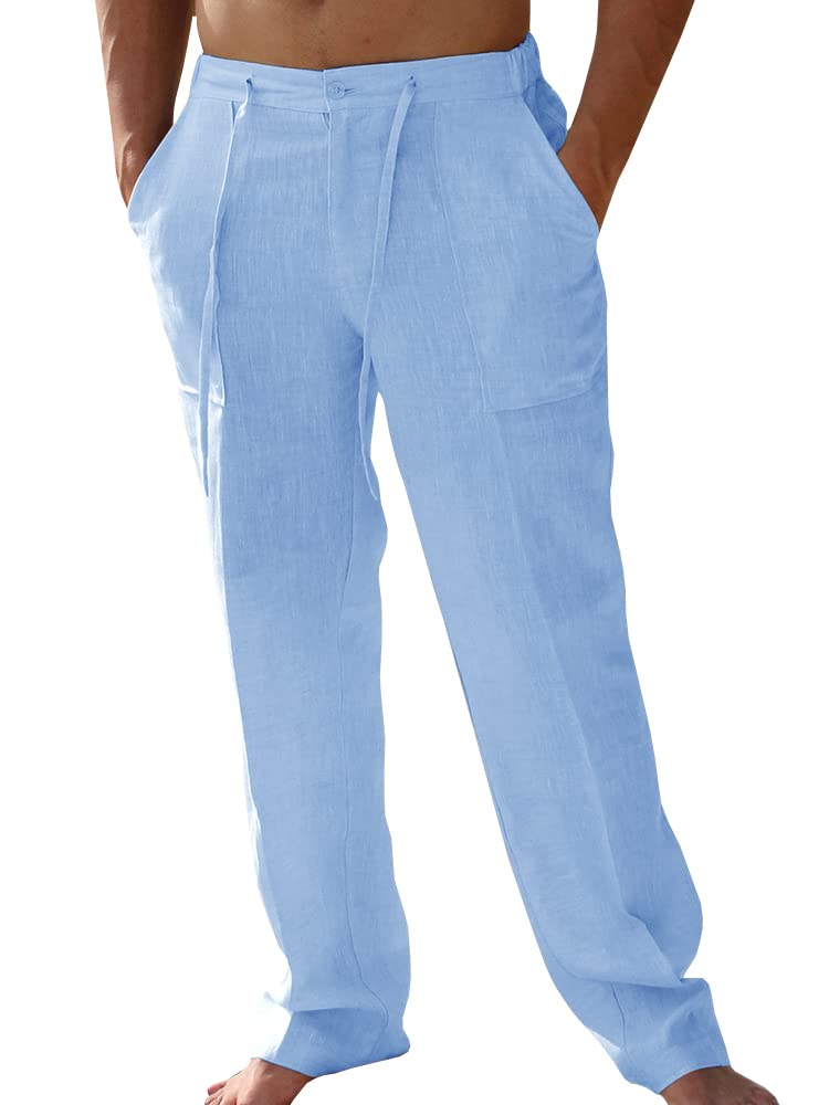 PASLTER Mens Cotton Linen Pants Casual Summer Beach Pants Dress Trousers | Loose Fit, Elastic Drawstring Waist, Lightweight, Straight-Legs, Slacks, Yoga, Work, Vacation, Quick Dry