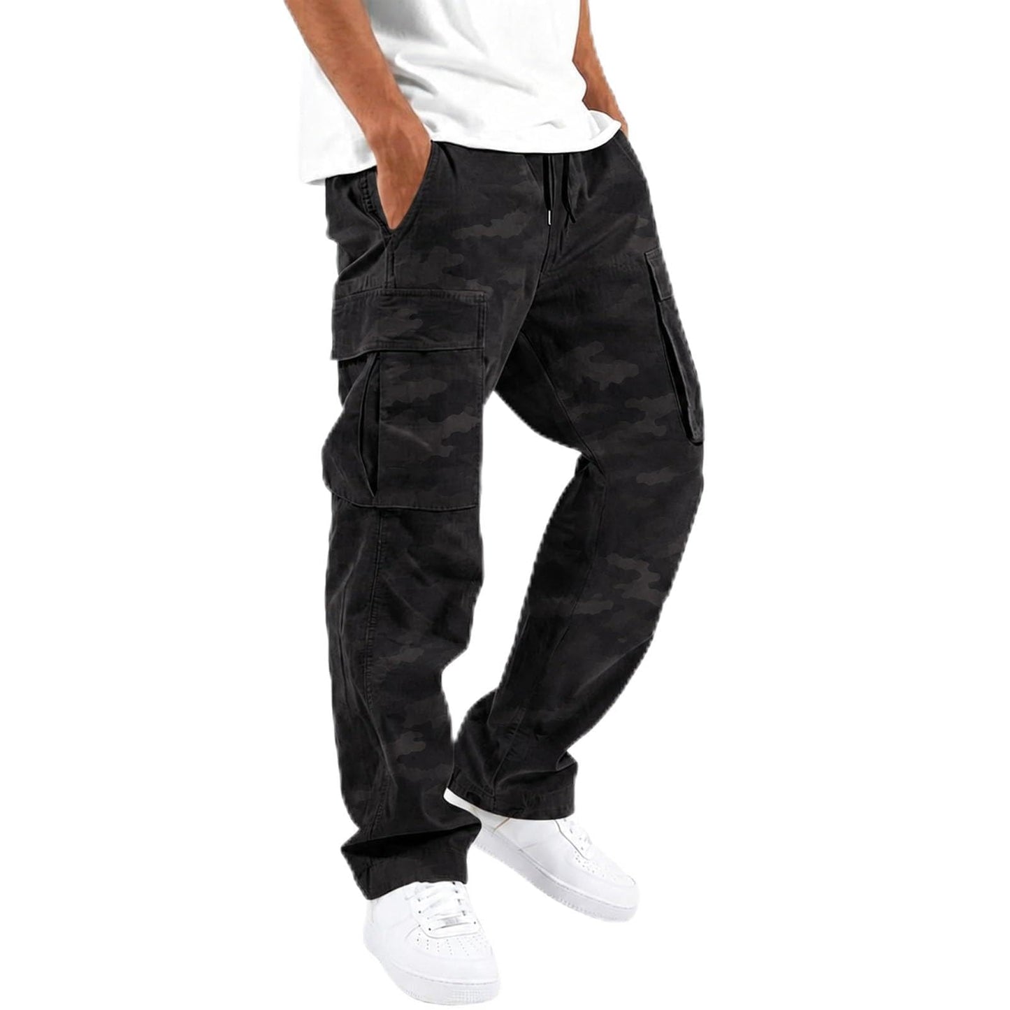 Mens Cargo Pants Casual Relaxed Fit Elastic Waist Hiking Cargo Work Pants | Drawstring Cargo Hiking Pants with Multi Pockets Straight Leg Athletic Pants for Outdoor Camping Fishing Workout Sweatpants