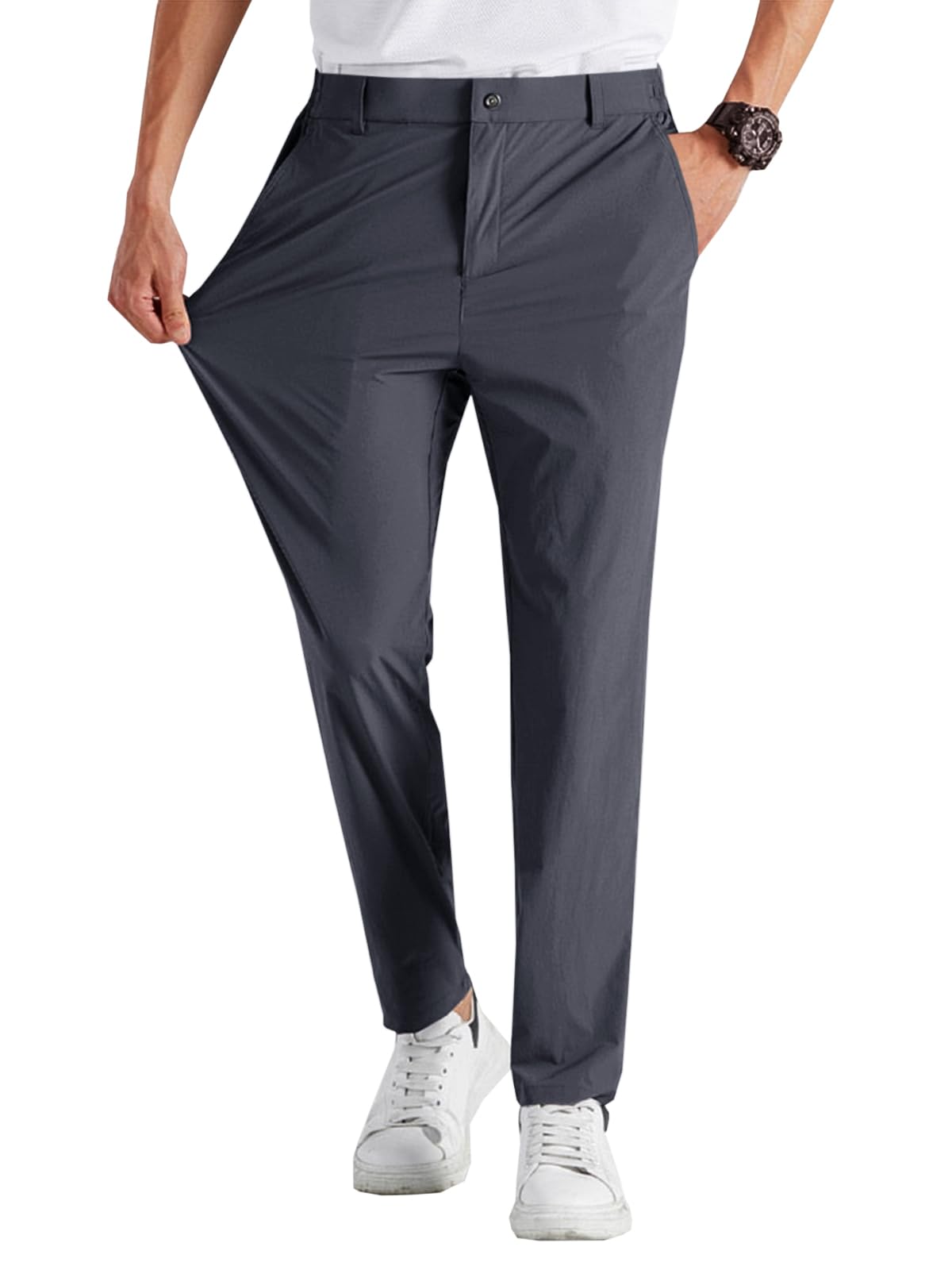 Runcati Mens Stretch Golf Pants Casual Dress Pants Work Trousers | Slim Fit, Quick Dry, Lightweight, Comfy, Slacks, Pockets, Elastic Waist, Tapered, Cropped, 30", 29", Chino