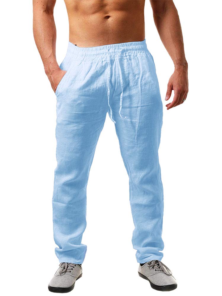 PASLTER Mens Cotton Linen Pants Casual Summer Beach Pants Dress Trousers | Loose Fit, Elastic Drawstring Waist, Lightweight, Straight-Legs, Slacks, Yoga, Work, Vacation, Quick Dry
