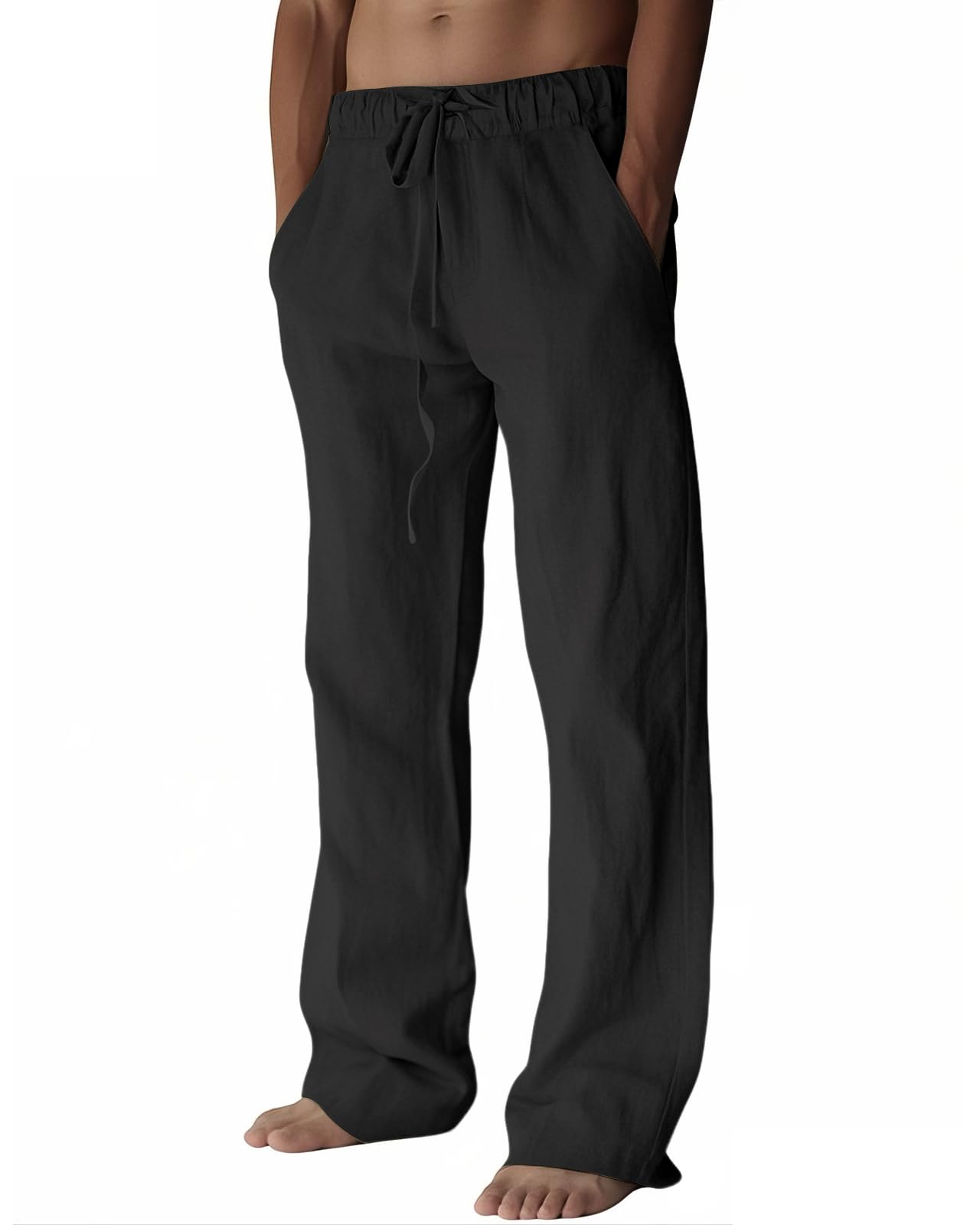 PIDOGYM Mens Cotton Linen Pants Beach Casual Pajama Pants with Pockets | Elastic Waist Drawstring, Lightweight, Wide Leg Loose Design, Vacation Summer Outfits, Baggy Dress Trousers, Yoga for Women