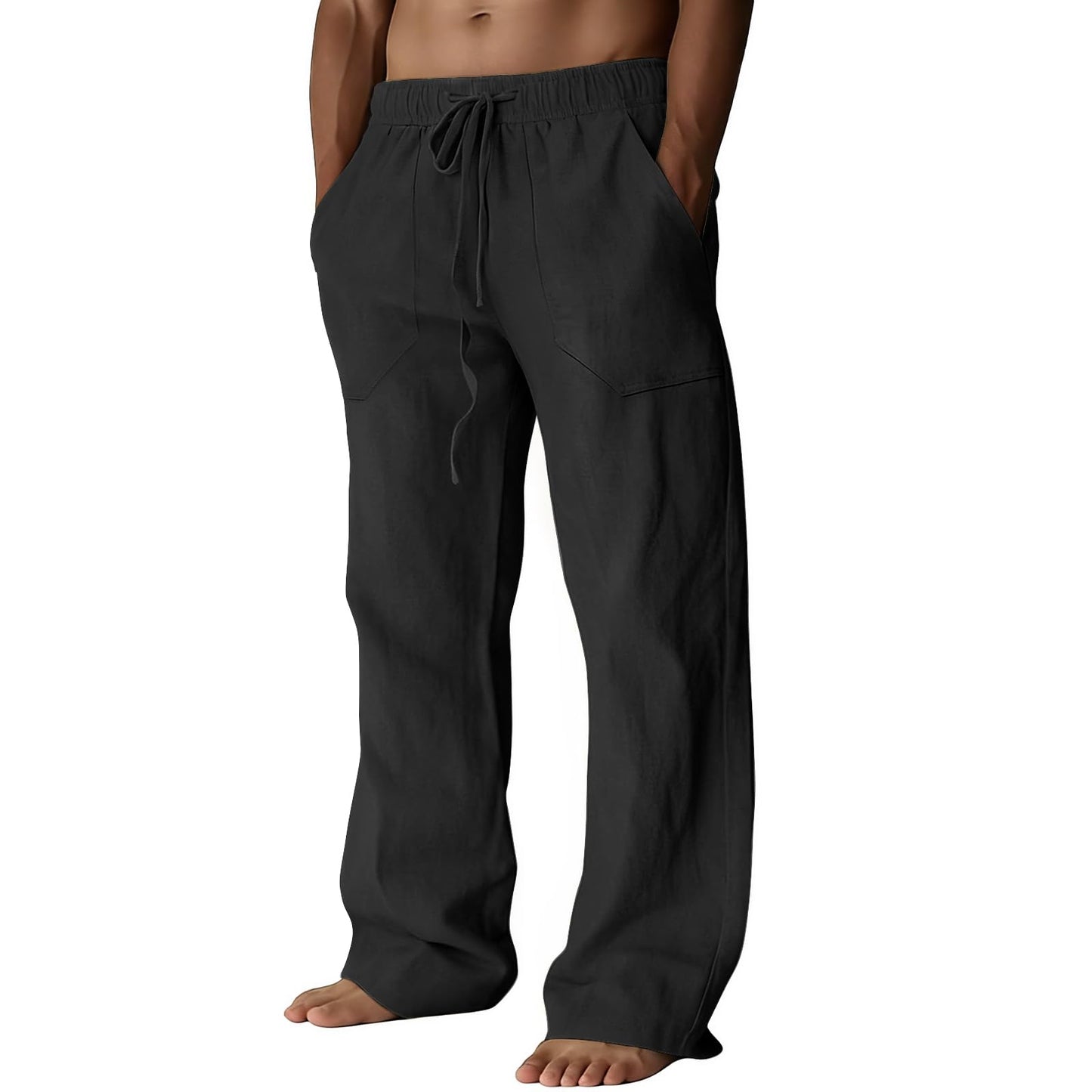 Puimentiua Cotton Linen Pants Men Casual Loose Fit Summer Beach Pants | Elastic Drawstring Waist Lightweight Lounge Pants, Wide Leg Baggy Yoga linen Sweatpants, Relaxed Fit, Side Pocket, Breathable