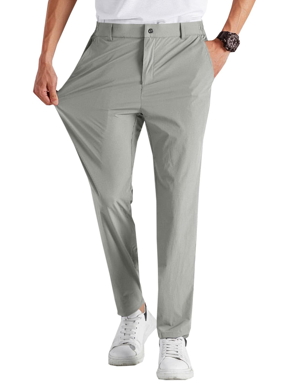 Runcati Mens Stretch Golf Pants Casual Dress Pants Work Trousers | Slim Fit, Quick Dry, Lightweight, Comfy, Slacks, Pockets, Elastic Waist, Tapered, Cropped, 30", 29", Chino