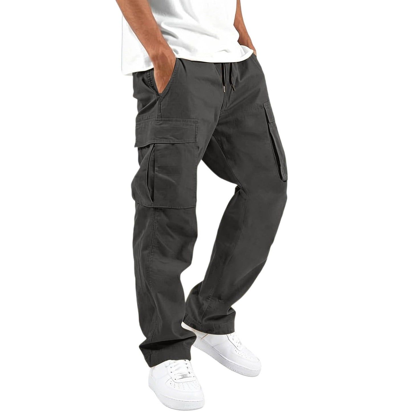 Mens Cargo Pants Casual Relaxed Fit Elastic Waist Hiking Cargo Work Pants | Drawstring Cargo Hiking Pants with Multi Pockets Straight Leg Athletic Pants for Outdoor Camping Fishing Workout Sweatpants