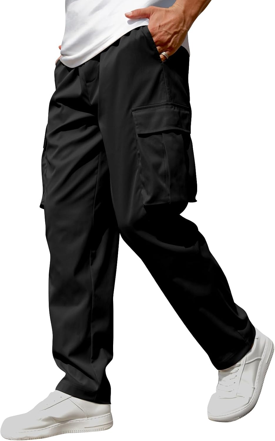Mens Casual Cargo Pants Drawstring Elastic Waist Sweatpants for Men | Loose Fit Lightweight Tactical Pants with 4 Pockets Outdoor Hiking Athletic Joggers