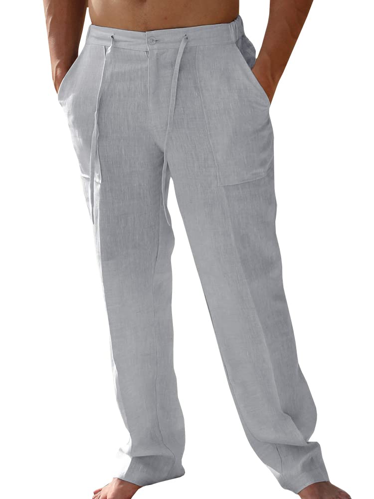 PASLTER Mens Cotton Linen Pants Casual Summer Beach Pants Dress Trousers | Loose Fit, Elastic Drawstring Waist, Lightweight, Straight-Legs, Slacks, Yoga, Work, Vacation, Quick Dry