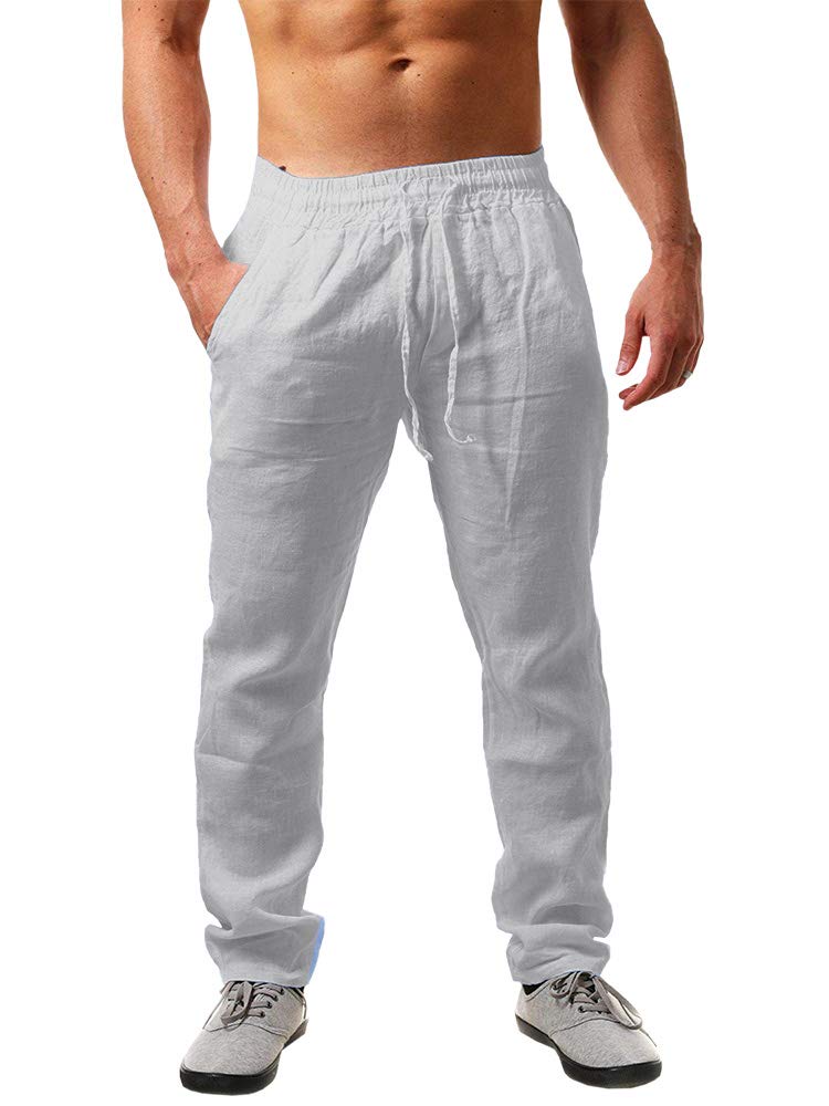 PASLTER Mens Cotton Linen Pants Casual Summer Beach Pants Dress Trousers | Loose Fit, Elastic Drawstring Waist, Lightweight, Straight-Legs, Slacks, Yoga, Work, Vacation, Quick Dry