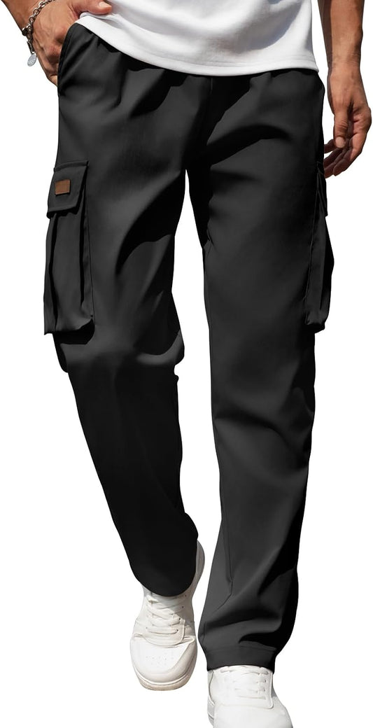 Mens Casual Cargo Pants Drawstring Elastic Waist Sweatpants for Men | Loose Fit Lightweight Tactical Pants with 4 Pockets Outdoor Hiking Athletic Joggers
