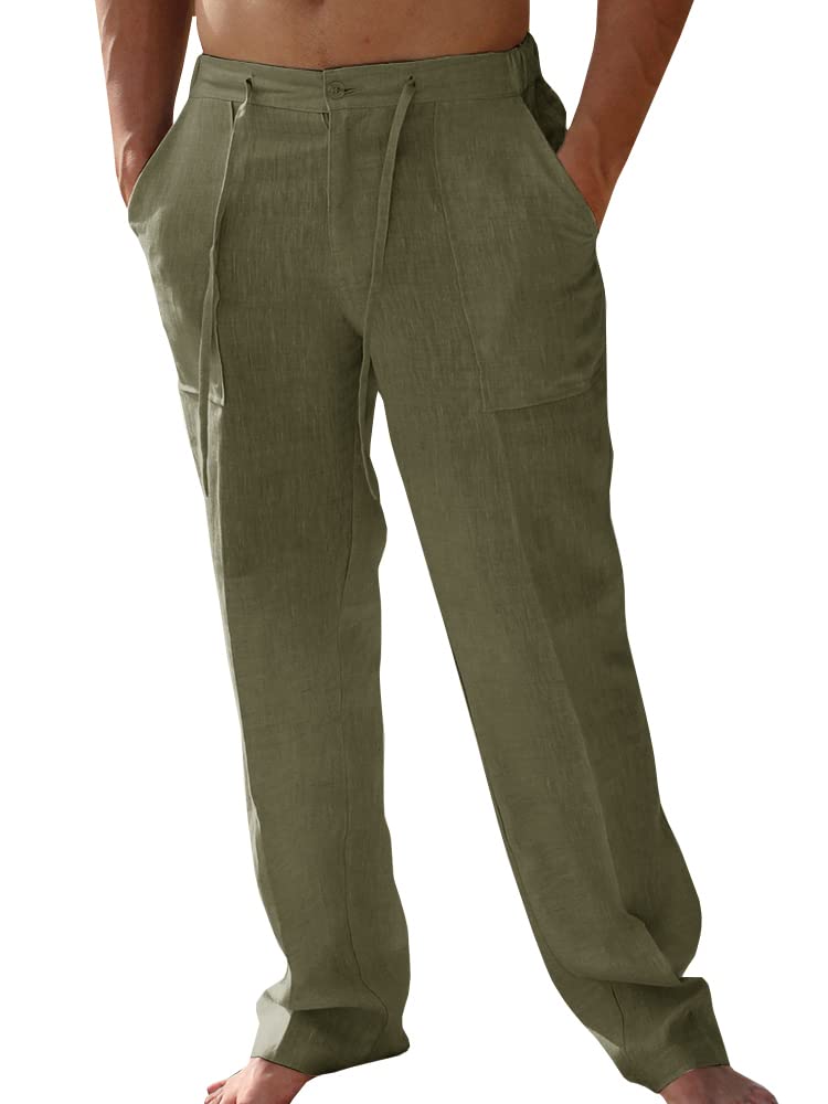 PASLTER Mens Cotton Linen Pants Casual Summer Beach Pants Dress Trousers | Loose Fit, Elastic Drawstring Waist, Lightweight, Straight-Legs, Slacks, Yoga, Work, Vacation, Quick Dry