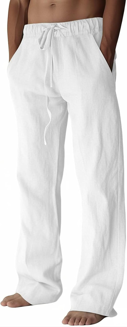 PIDOGYM Mens Cotton Linen Pants Beach Casual Pajama Pants with Pockets | Elastic Waist Drawstring, Lightweight, Wide Leg Loose Design, Vacation Summer Outfits, Baggy Dress Trousers, Yoga for Women