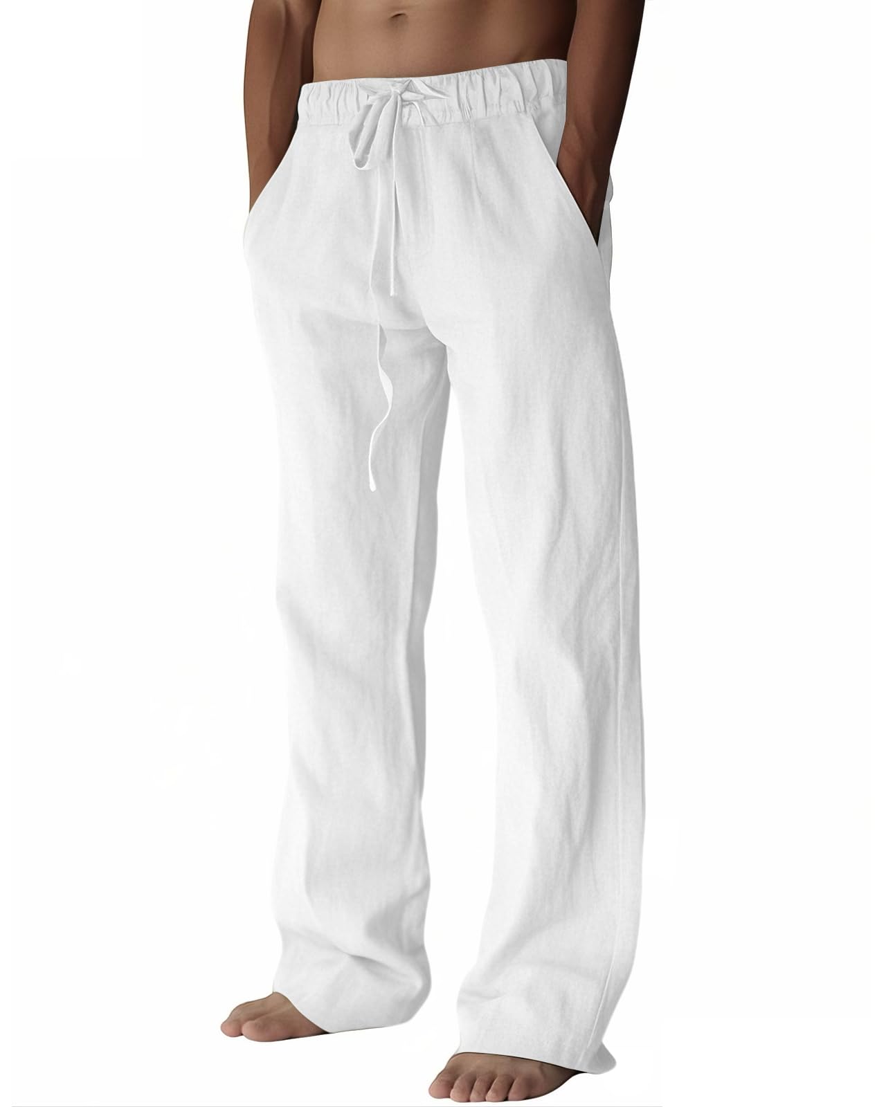 PIDOGYM Mens Cotton Linen Pants Beach Casual Pajama Pants with Pockets | Elastic Waist Drawstring, Lightweight, Wide Leg Loose Design, Vacation Summer Outfits, Baggy Dress Trousers, Yoga for Women