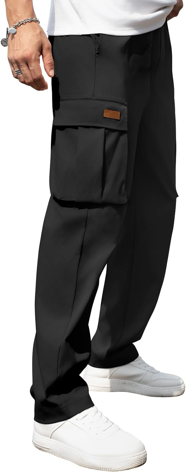 Mens Casual Cargo Pants Drawstring Elastic Waist Sweatpants for Men | Loose Fit Lightweight Tactical Pants with 4 Pockets Outdoor Hiking Athletic Joggers