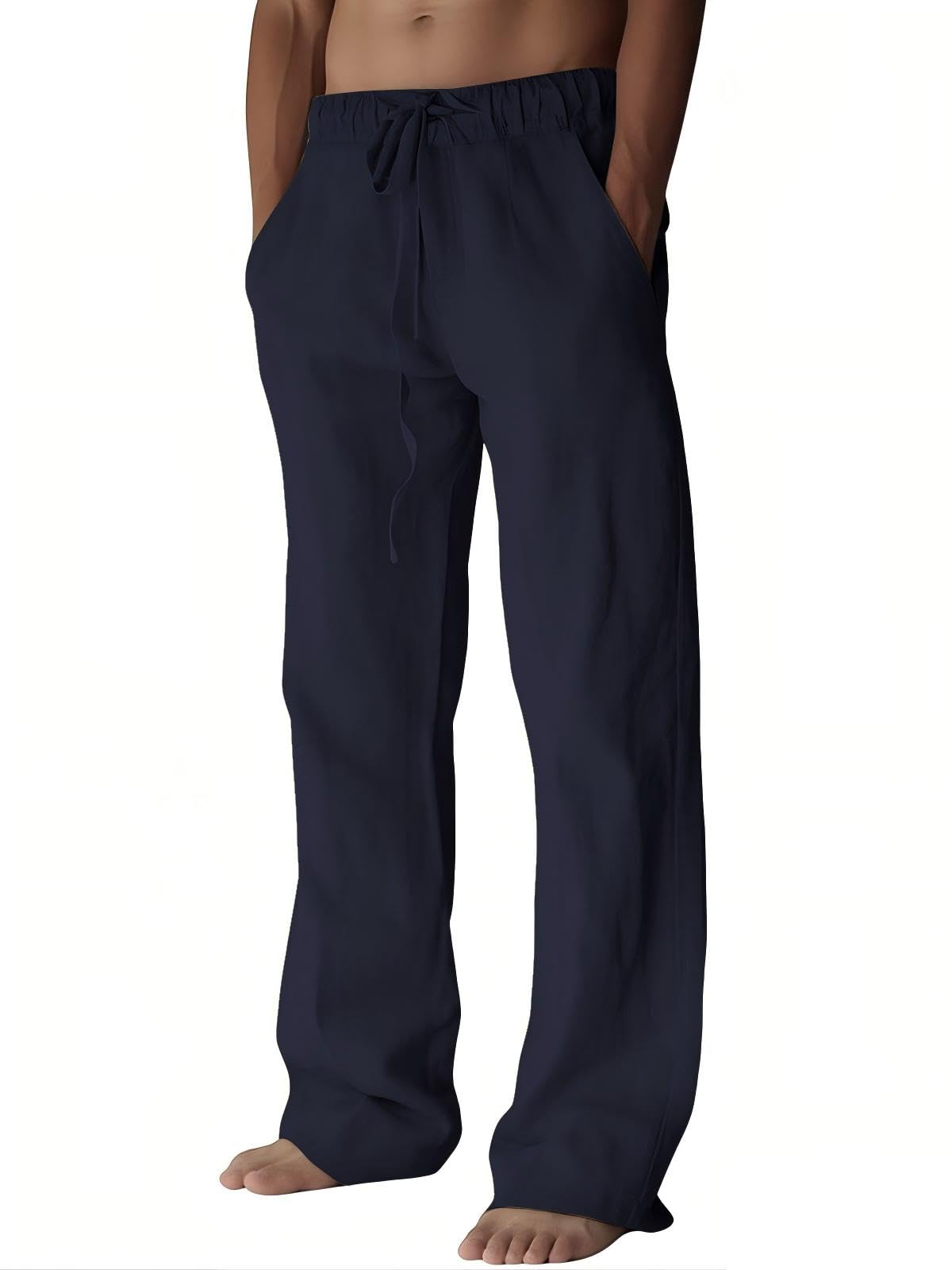 PIDOGYM Mens Cotton Linen Pants Beach Casual Pajama Pants with Pockets | Elastic Waist Drawstring, Lightweight, Wide Leg Loose Design, Vacation Summer Outfits, Baggy Dress Trousers, Yoga for Women