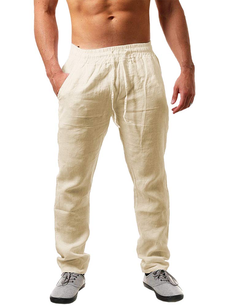 PASLTER Mens Cotton Linen Pants Casual Summer Beach Pants Dress Trousers | Loose Fit, Elastic Drawstring Waist, Lightweight, Straight-Legs, Slacks, Yoga, Work, Vacation, Quick Dry
