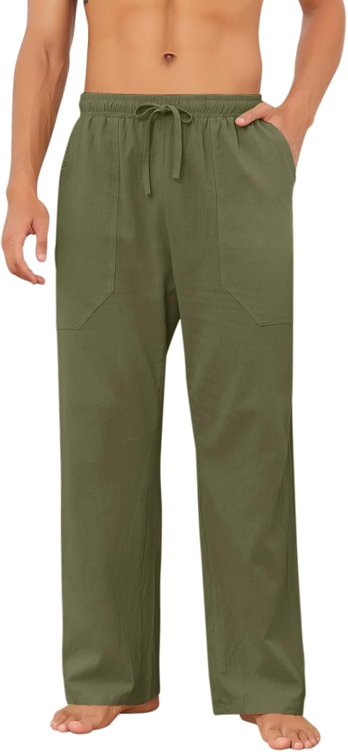 Puimentiua Cotton Linen Pants Men Casual Loose Fit Summer Beach Pants | Elastic Drawstring Waist Lightweight Lounge Pants, Wide Leg Baggy Yoga linen Sweatpants, Relaxed Fit, Side Pocket, Breathable