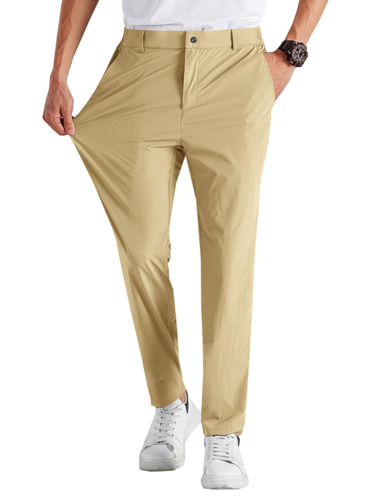 Runcati Mens Stretch Golf Pants Casual Dress Pants Work Trousers | Slim Fit, Quick Dry, Lightweight, Comfy, Slacks, Pockets, Elastic Waist, Tapered, Cropped, 30", 29", Chino
