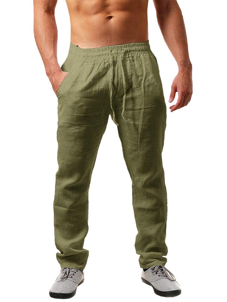 PASLTER Mens Cotton Linen Pants Casual Summer Beach Pants Dress Trousers | Loose Fit, Elastic Drawstring Waist, Lightweight, Straight-Legs, Slacks, Yoga, Work, Vacation, Quick Dry