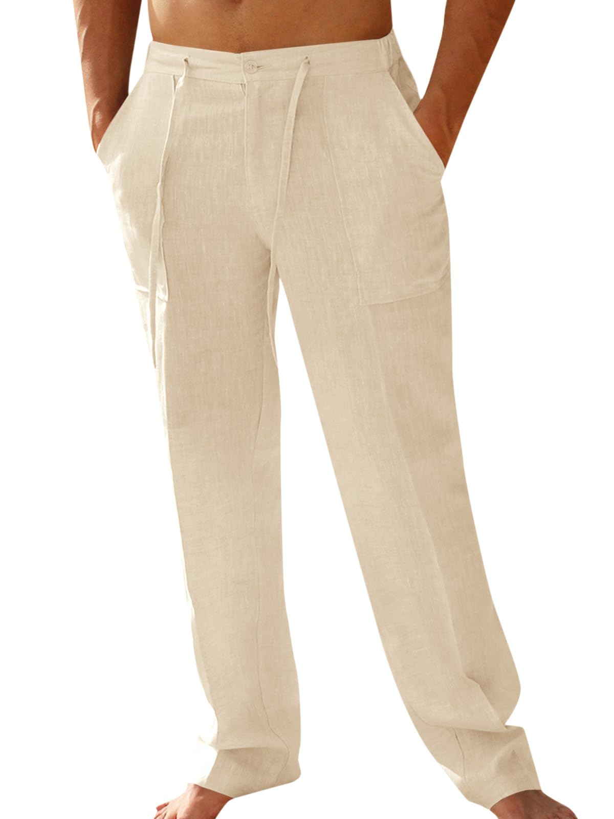 PASLTER Mens Cotton Linen Pants Casual Summer Beach Pants Dress Trousers | Loose Fit, Elastic Drawstring Waist, Lightweight, Straight-Legs, Slacks, Yoga, Work, Vacation, Quick Dry