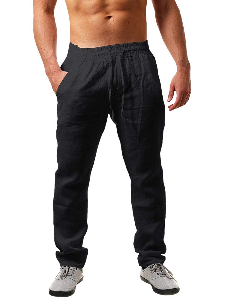 PASLTER Mens Cotton Linen Pants Casual Summer Beach Pants Dress Trousers | Loose Fit, Elastic Drawstring Waist, Lightweight, Straight-Legs, Slacks, Yoga, Work, Vacation, Quick Dry