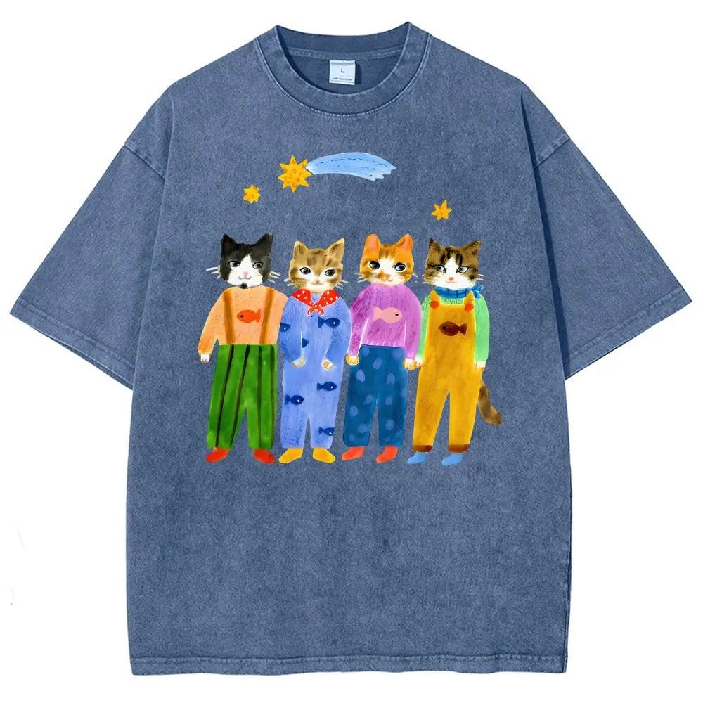 Retro Hand Painted Funny Cats In Overalls Graphic Vintage Tee 90s Graphic Tees Men's t Shirts Graphic Tee t Shirts Funny Graphic Tee Good Graphic Tees Men's Graphic Tees Streetwear Outfits Men Vacation Outfits Oversized Tshirt Men