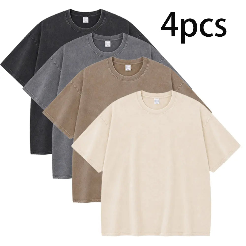 Men's 4/5 Pack Oversized Washed Cotton T-Shirts, Loose Fit Crew Neck Short Sleeve Tees for Streetwear, Travel, Gym, Daily Wear & Summer