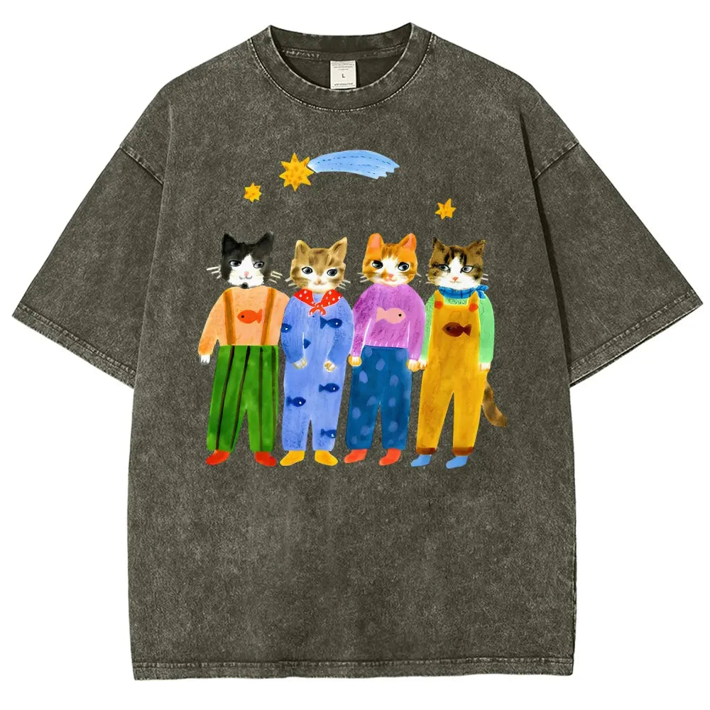 Retro Hand Painted Funny Cats In Overalls Graphic Vintage Tee 90s Graphic Tees Men's t Shirts Graphic Tee t Shirts Funny Graphic Tee Good Graphic Tees Men's Graphic Tees Streetwear Outfits Men Vacation Outfits Oversized Tshirt Men