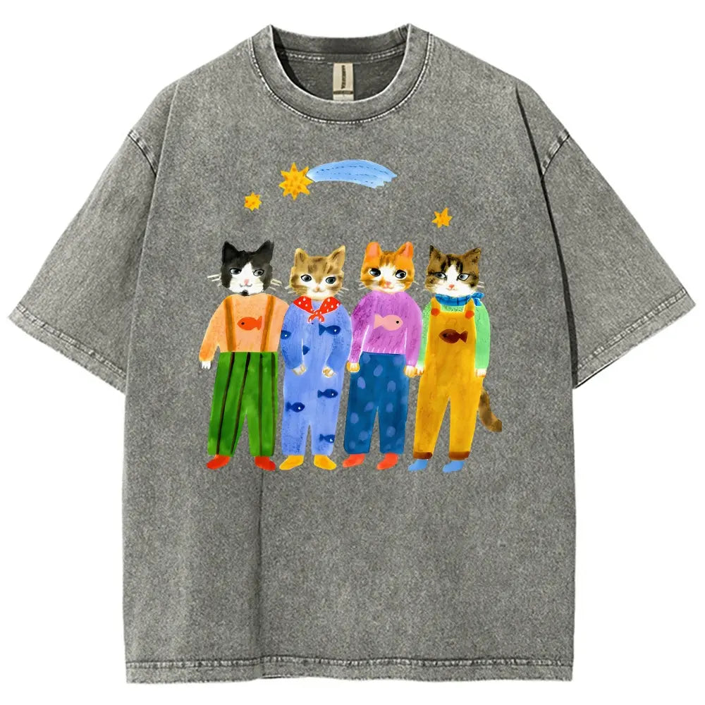 Retro Hand Painted Funny Cats In Overalls Graphic Vintage Tee 90s Graphic Tees Men's t Shirts Graphic Tee t Shirts Funny Graphic Tee Good Graphic Tees Men's Graphic Tees Streetwear Outfits Men Vacation Outfits Oversized Tshirt Men