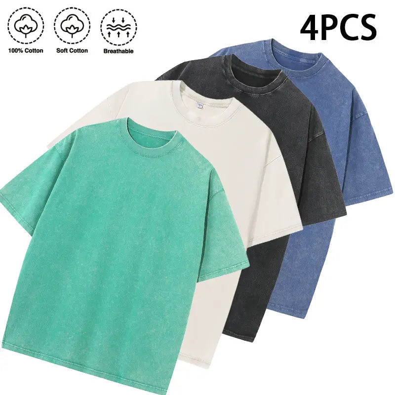 1/4 Pack Unisex 100% Cotton Vintage Wash T Shirts, Essential Crewneck Tees for Streetwear, Travel, Music Festivals & Everyday Basics, Soft Pre Shrunk Wardrobe Bundle
