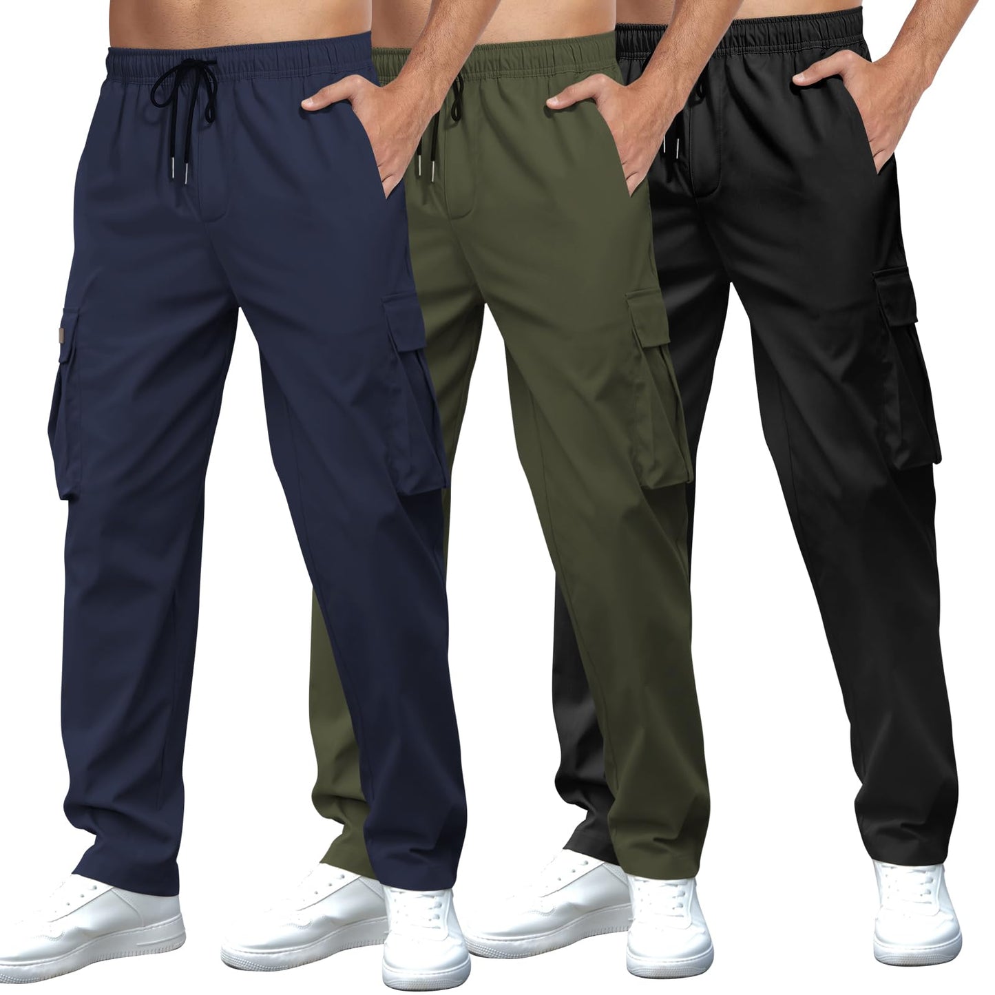 Mens Casual Cargo Pants Drawstring Elastic Waist Sweatpants for Men | Loose Fit Lightweight Tactical Pants with 4 Pockets Outdoor Hiking Athletic Joggers