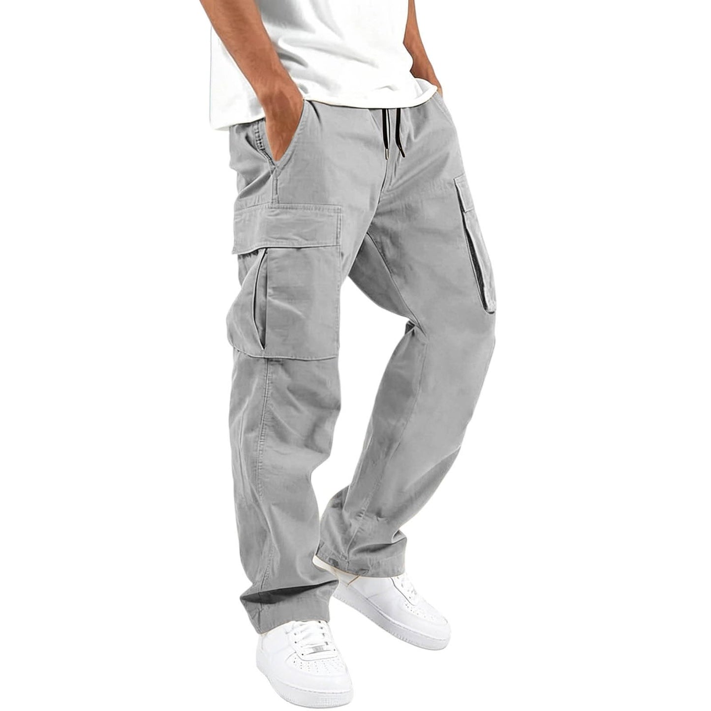 Mens Cargo Pants Casual Relaxed Fit Elastic Waist Hiking Cargo Work Pants | Drawstring Cargo Hiking Pants with Multi Pockets Straight Leg Athletic Pants for Outdoor Camping Fishing Workout Sweatpants
