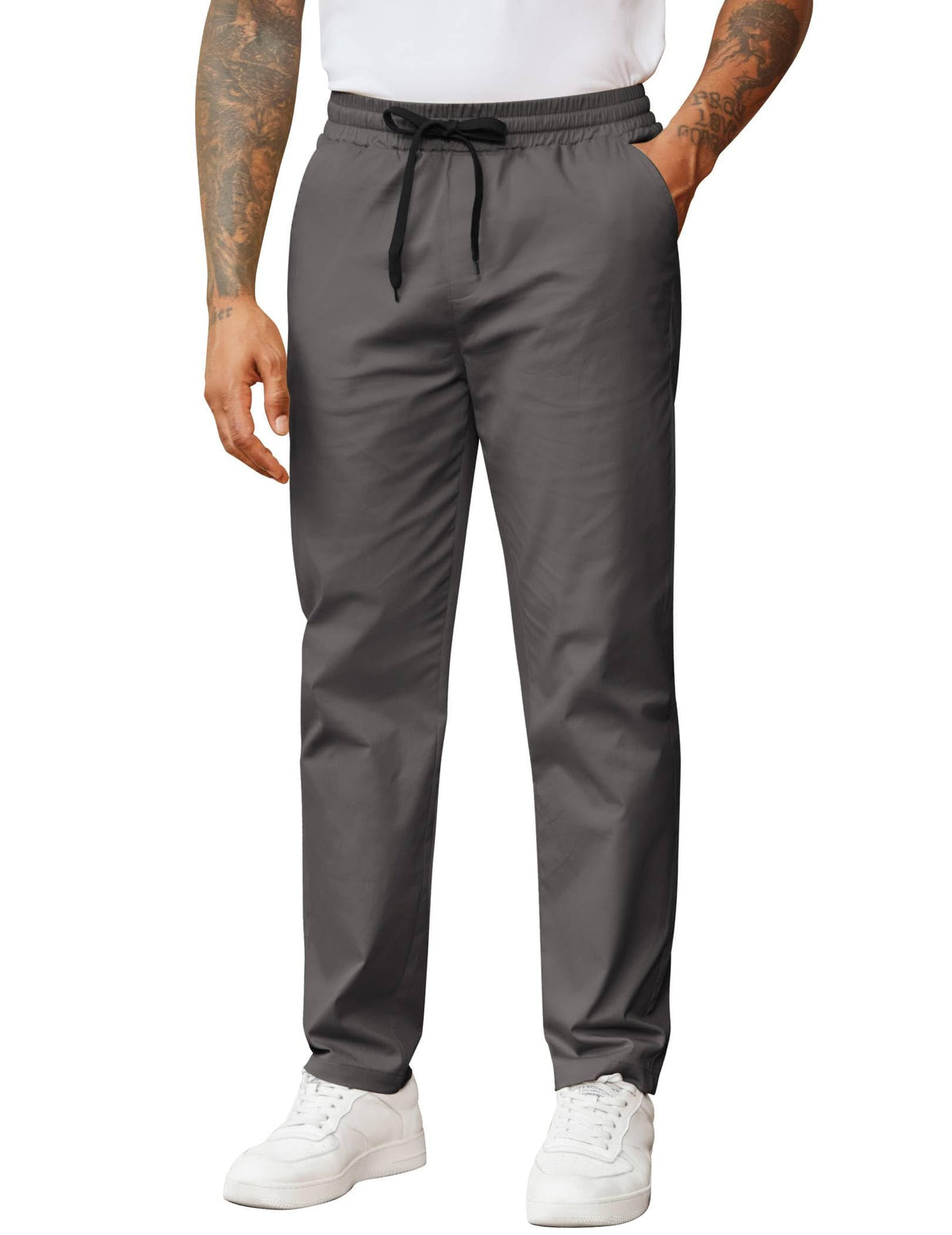 COOFANDY Men's Casual Pants Drawstring Elastic Waist Chino Pants Straight Leg Slacks Cotton Twill Trousers with Pockets