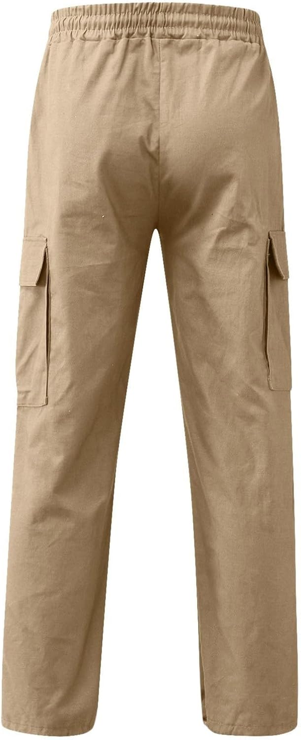 Mens Cargo Pants Casual Relaxed Fit Elastic Waist Hiking Cargo Work Pants | Drawstring Cargo Hiking Pants with Multi Pockets Straight Leg Athletic Pants for Outdoor Camping Fishing Workout Sweatpants