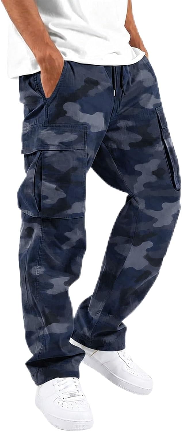 Mens Cargo Pants Casual Relaxed Fit Elastic Waist Hiking Cargo Work Pants | Drawstring Cargo Hiking Pants with Multi Pockets Straight Leg Athletic Pants for Outdoor Camping Fishing Workout Sweatpants