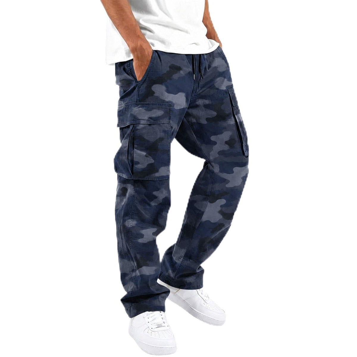 Mens Cargo Pants Casual Relaxed Fit Elastic Waist Hiking Cargo Work Pants | Drawstring Cargo Hiking Pants with Multi Pockets Straight Leg Athletic Pants for Outdoor Camping Fishing Workout Sweatpants