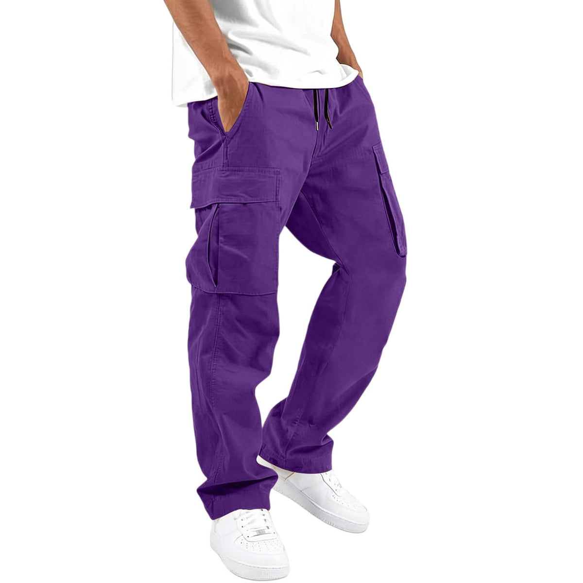 Mens Cargo Pants Casual Relaxed Fit Elastic Waist Hiking Cargo Work Pants | Drawstring Cargo Hiking Pants with Multi Pockets Straight Leg Athletic Pants for Outdoor Camping Fishing Workout Sweatpants