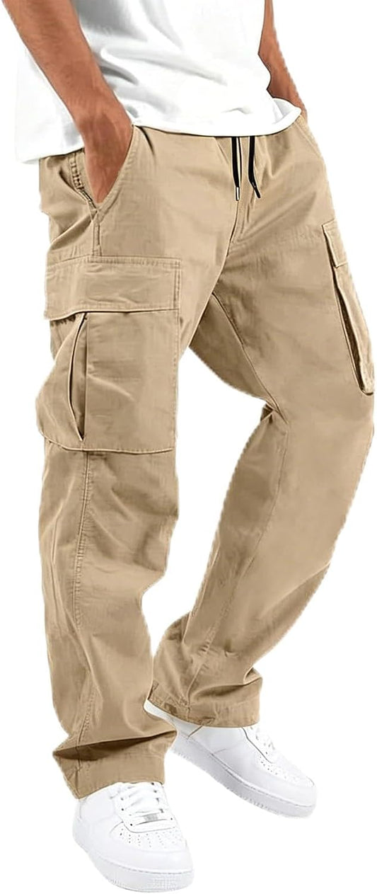 Mens Cargo Pants Casual Relaxed Fit Elastic Waist Hiking Cargo Work Pants | Drawstring Cargo Hiking Pants with Multi Pockets Straight Leg Athletic Pants for Outdoor Camping Fishing Workout Sweatpants