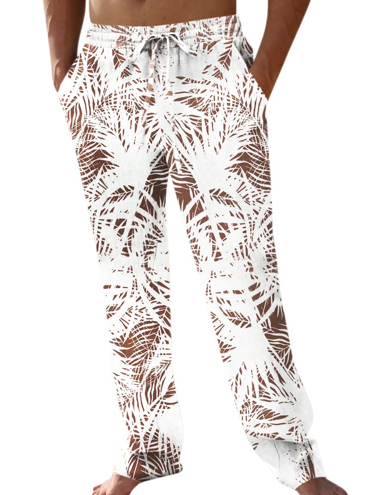 PASLTER Mens Cotton Linen Pants Casual Summer Beach Pants Dress Trousers | Loose Fit, Elastic Drawstring Waist, Lightweight, Straight-Legs, Slacks, Yoga, Work, Vacation, Quick Dry