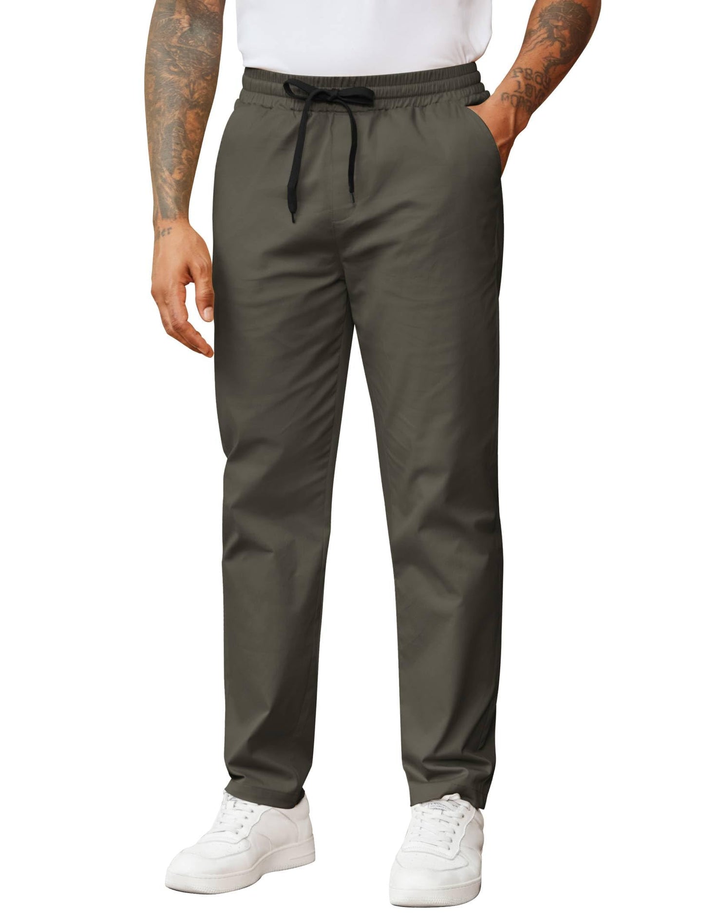 COOFANDY Men's Casual Pants Drawstring Elastic Waist Chino Pants Straight Leg Slacks Cotton Twill Trousers with Pockets