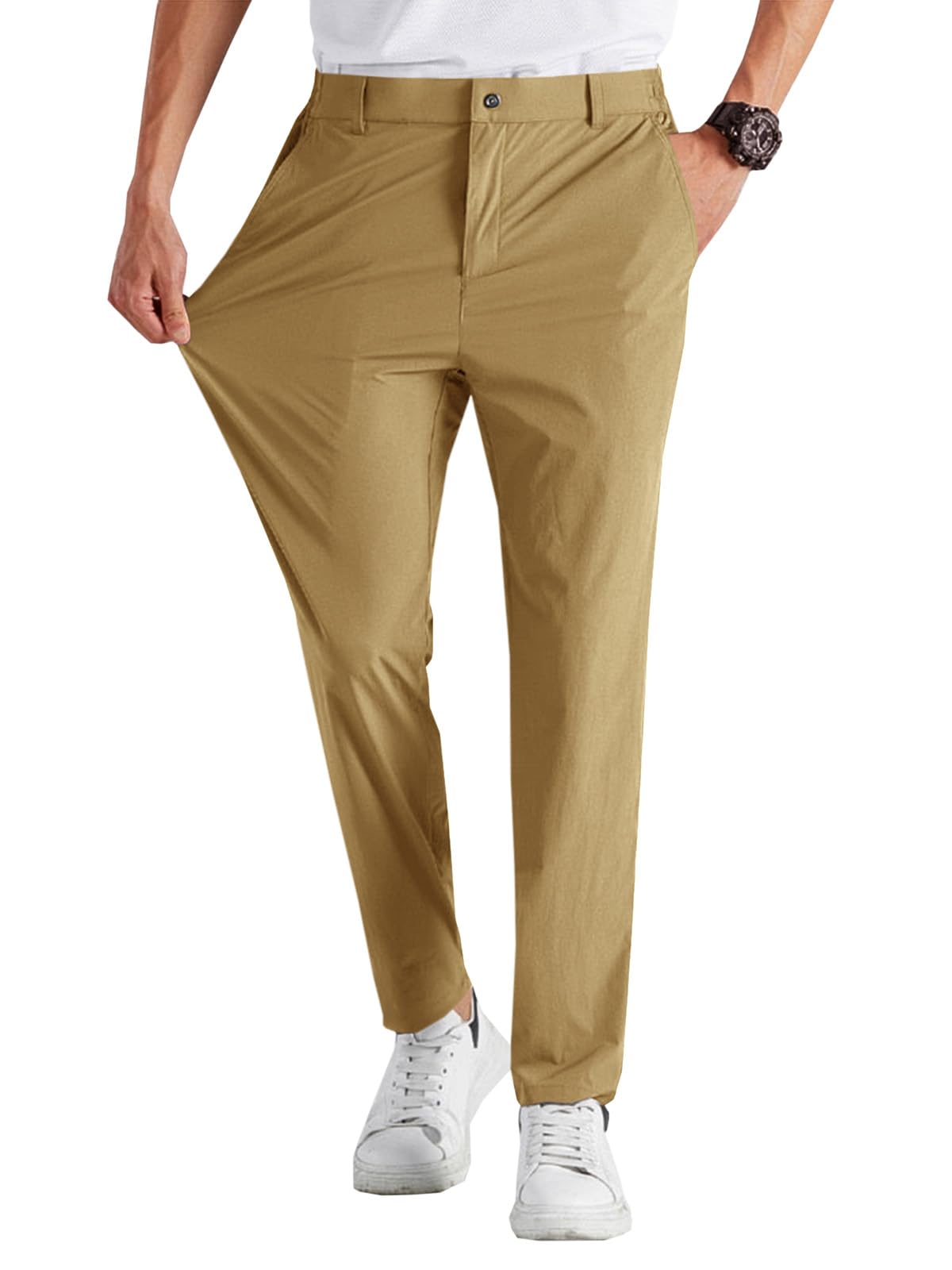 Runcati Mens Stretch Golf Pants Casual Dress Pants Work Trousers | Slim Fit, Quick Dry, Lightweight, Comfy, Slacks, Pockets, Elastic Waist, Tapered, Cropped, 30", 29", Chino