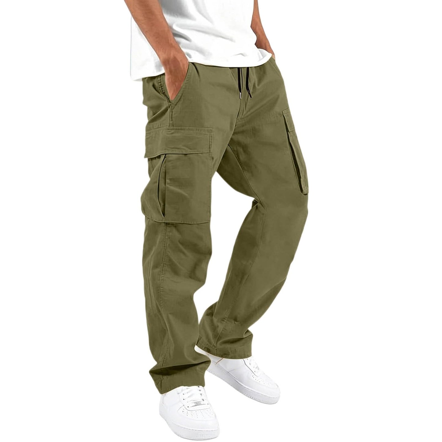 Mens Cargo Pants Casual Relaxed Fit Elastic Waist Hiking Cargo Work Pants | Drawstring Cargo Hiking Pants with Multi Pockets Straight Leg Athletic Pants for Outdoor Camping Fishing Workout Sweatpants