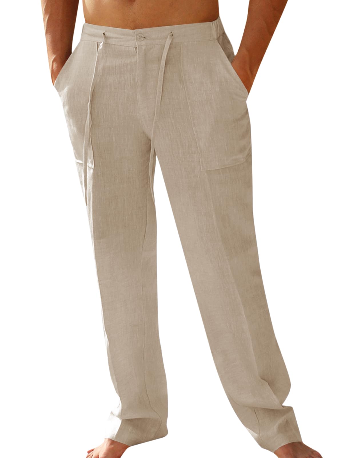 PASLTER Mens Cotton Linen Pants Casual Summer Beach Pants Dress Trousers | Loose Fit, Elastic Drawstring Waist, Lightweight, Straight-Legs, Slacks, Yoga, Work, Vacation, Quick Dry