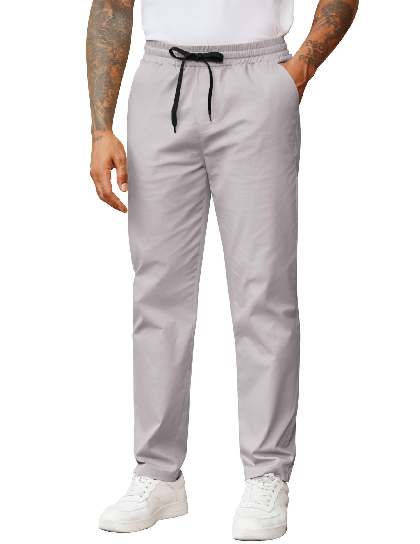 COOFANDY Men's Casual Pants Drawstring Elastic Waist Chino Pants Straight Leg Slacks Cotton Twill Trousers with Pockets